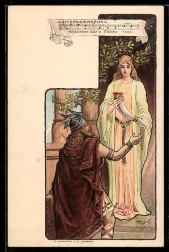 Künstler-AK H. Fründt: Wagner's Götterdämmerung in Noten- und Textzeile, Szene mit Wikinger und Göttin