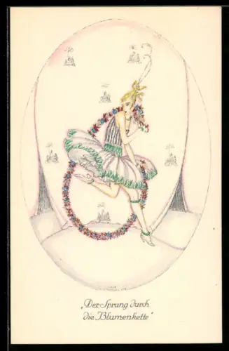 Künstler-AK Brüder Kohn (B.K.W.I) Nr. 423-4: Junge Frau springt durch eine BlumenketteDe