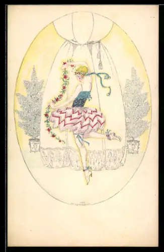 Künstler-AK Mela Köhler: Ballerina beim Tanz mit einer Blumengirlande