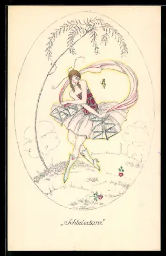 Künstler-AK Mela Köhler: Schleiertanz, Mädchen tanzt auf einer Wiese
