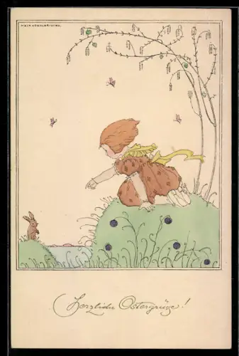 Künstler-AK Mela Köhler: Kleines Kind zeigt auf einen Hasen