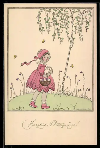 Künstler-AK Mela Köhler: Ostern, Mädchen mit Eierkorb und Kaninchen auf dem Arm