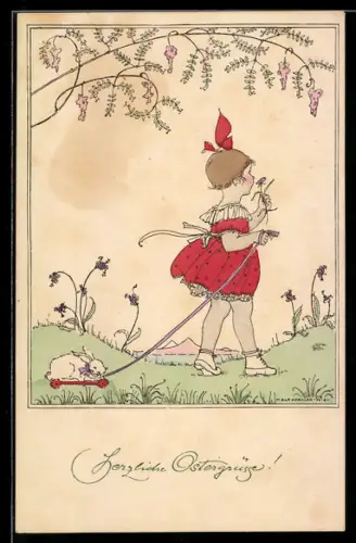 Künstler-AK Mela Köhler: Mädchen zieht ihren Hasen auf einem kleinen Wagen hinterher