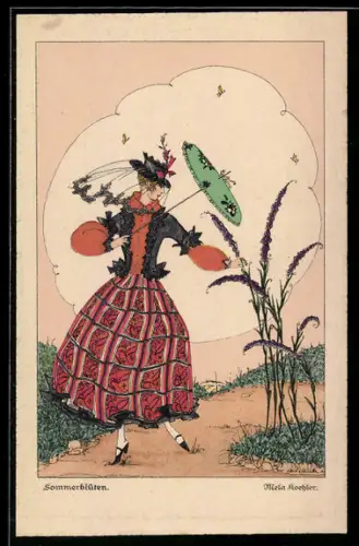 Künstler-AK Mela Köhler: Sommerblüten, Frau mit Hut und Schirm erfreut sich an Blüten