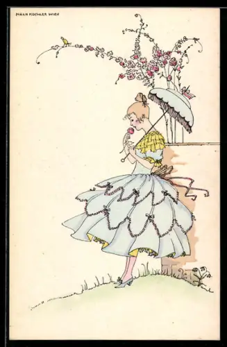 Künstler-AK Mela Köhler: Elegante Dame mit Schirm riecht an einer Rose