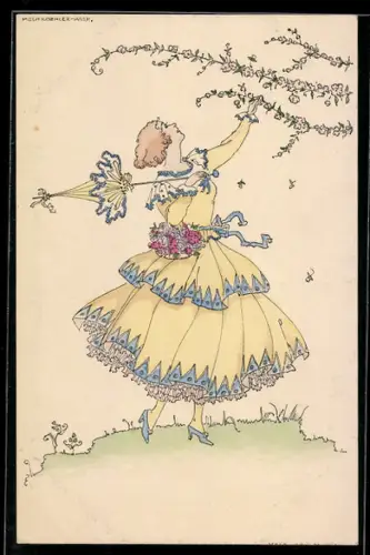 Künstler-AK Mela Köhler: Übermütige junge Frau in gelbem Kleid mit Schirm