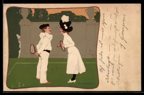 Künstler-Lithographie Brynolf Wennerberg: Liebespaar spielt Tennis