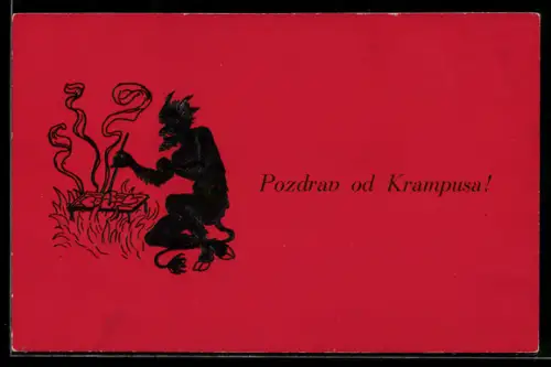Präge-AK Krampus beim Braten von Herzen