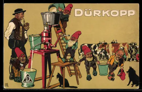 AK Reklame der Dürkoppwerke, Zwerge befüllen eine Maschine