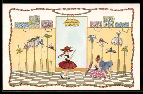 Künstler-AK Mela Köhler: Kleine Damen bei einer Hutprobe