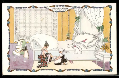 Künstler-AK Mela Köhler: Kleine Dame lässt sich von ihrer Zofe beim Ankleiden helfen