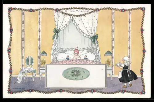 Künstler-AK Mela Köhler: Mädchen wird Morgens v. d. Bediensteten geweckt