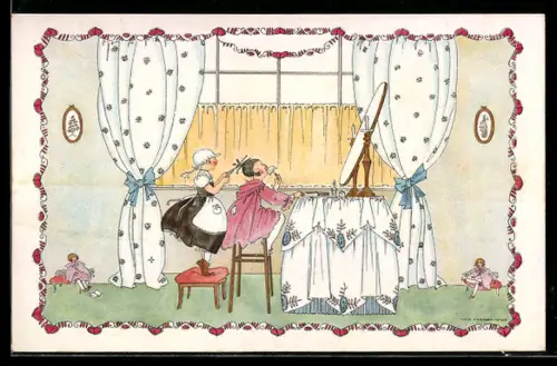 Künstler-AK Mela Köhler: Mädchen wird vom Dienstmädchen frisiert