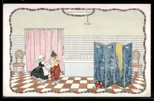 Künstler-AK Mela Köhler: Angenehmes Bad, Dienstmädchen trocknet vornehmes Mädchen nach dem Bad ab
