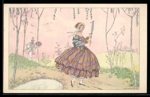 Künstler-AK Mela Köhler: Dame mit Schirm im Wald