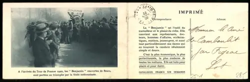 Klapp-AK Reklame für Autos der Marke Benjamin, mit Ankunftsszene in Paris und Automobil aus zwei Perspektiven