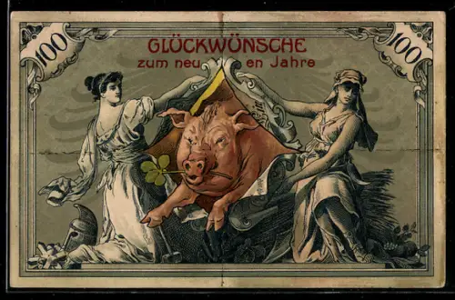 AK Glücksschwein springt durch einen Geldschein