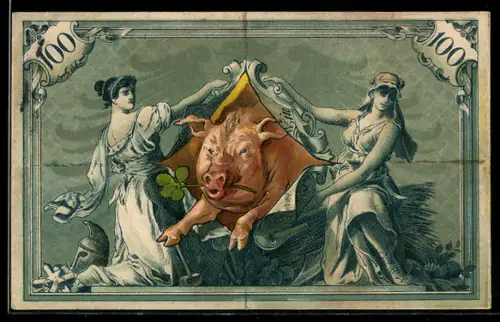 AK Glücksschwein springt durch einen Geldschein