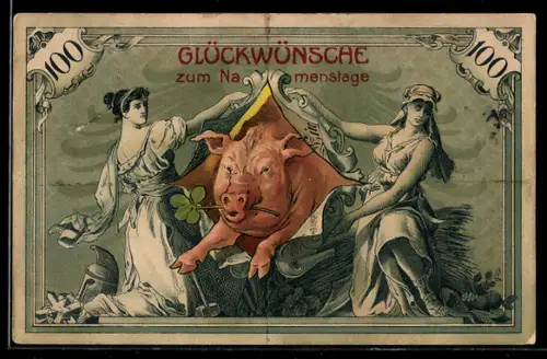 AK Glückschwein springt durch Geldschein, Neujahrsgruss