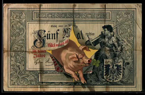 Lithographie Schwein durchbricht den Geldschein