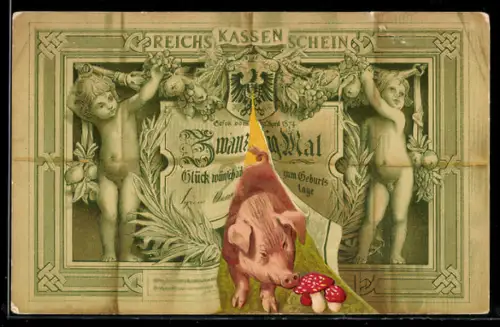 AK Schwein lugt hinter Riss im Reichskassenschein hervor, Zwanzig Mal Glück