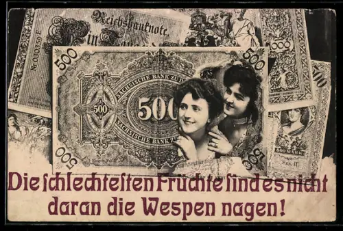 AK Zwei hübsche Frauen brechen durch einen fünfhundert Reichsmark-Schein