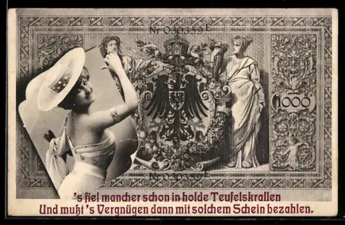 AK Hübsche Frau neben einem eintausend Reichsmark-Schein