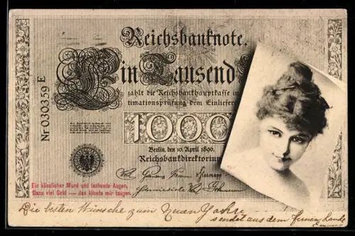 AK Portrait einer hübschen Frau neben einem eintausend Reichsmark-Schein