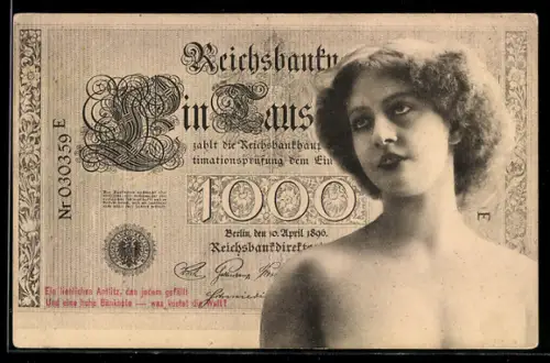AK Hübsche Frau neben einem eintausend Reichsmark-Schein
