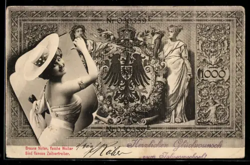 AK Hübsche Frau mit Hut neben einem eintausend Reichsmark-Schein