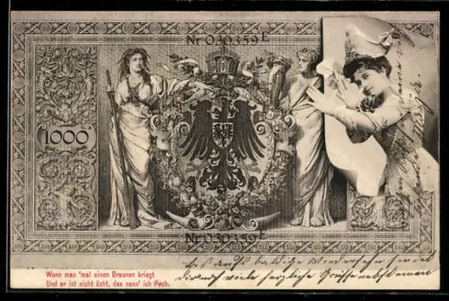 AK Hübsche Frau neben einem eintausend Reichsmark-Schein