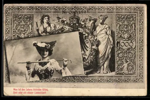 AK Portrait einer hübschen Frau vor einem eintausend Reichsmark-Schein