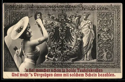 AK Hübsche Frau mit Hut vor einem eintausend Reichsmark-Schein