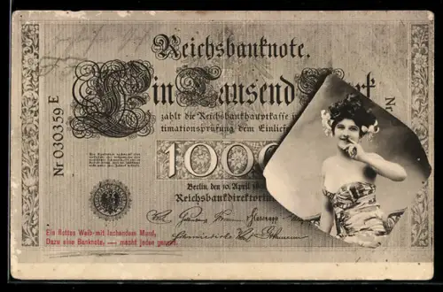 AK Reichsbanknote 1000 Mark mit Portrait einer hübschen Dame