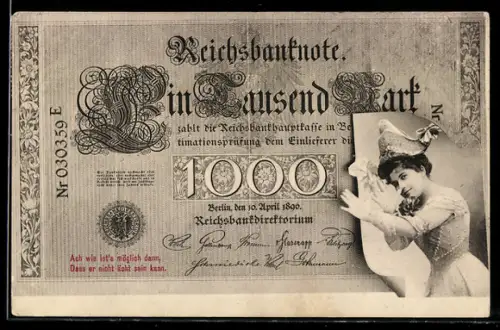AK Berlin, Geldschein über eintausend Mark, Frau macht eine lange Nase