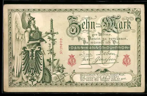 AK Kriegergöttin auf Zehntausend Mark Schein, Gesundheit, Reichtum, froher Mut...