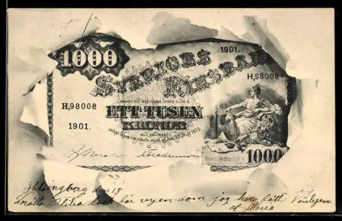 AK Eintausend norwegische Kronen-Schein in einem Briefumschlag