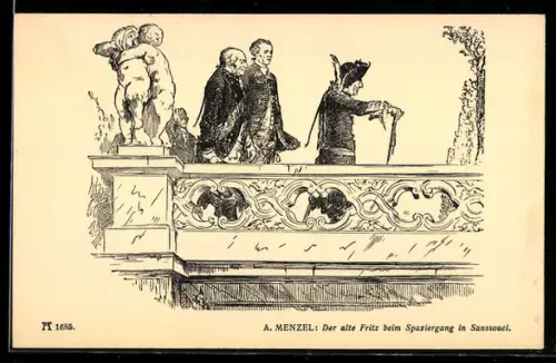 Künstler-AK König Friedrich II. (der Grosse) beim Spaziergang