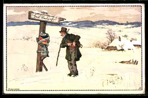 Künstler-AK Ernst Kutzer: Heil Neujahr!, Vagabund an Wegweiser
