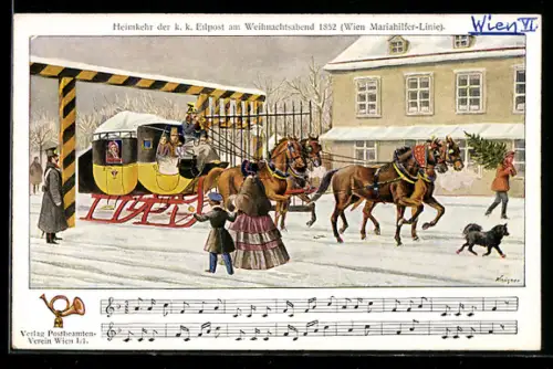 Künstler-AK Heimkehr der K. k. Eilpostkutsche d. Wien Mariahilfer-Linie am Weihnachtsabend 1852, Hund