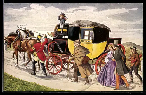 Künstler-AK K. K. Eilpost mit Bergvorgespann 1848