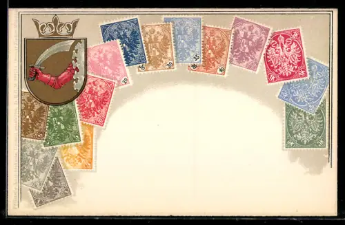 AK Briefmarken und Wappen Bosniens, Krone, Ritter mit Schwert