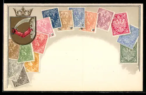 AK Briefmarken und Wappen Bosniens, Krone, Ritter mit Schwert