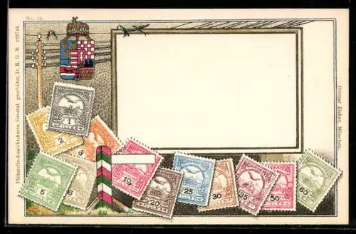 AK ungarische Briefmarken, Wappen oben, Schwalben auf einem Draht sitzend