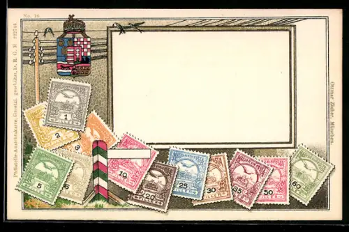 AK ungarische Briefmarken, Wappen oben, Schwalben auf einem Draht sitzend