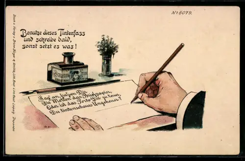 Künstler-AK Bruno Bürger & Ottillie Nr. 6079: Mann beim Schreiben eines Briefes mit Tintenfass