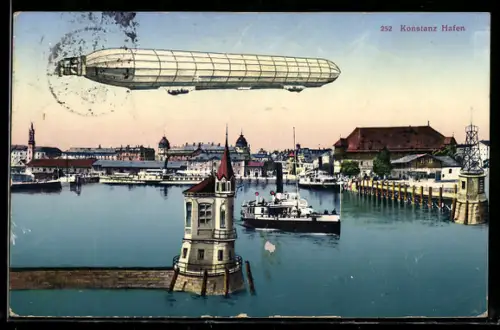 AK Konstanz a. B., Zeppelin über dem Hafen, abfahrender Dampfer
