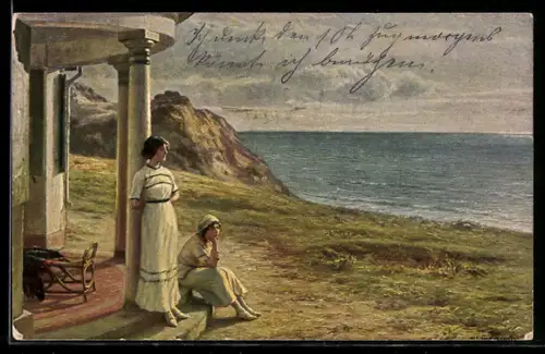 Künstler-AK Traumverloren, Frauen in Bademode sehen aufs Meer hinaus