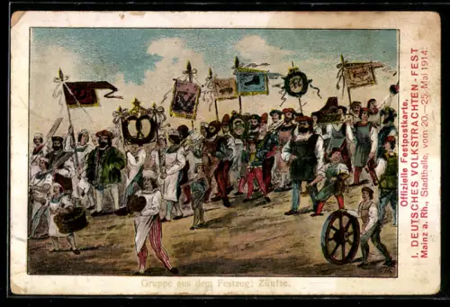 AK Mainz a. Rhein, 1. Deutsches Volkstrachtenfest mit verschiedenen Bannern