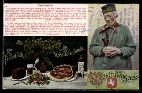 AK Ein Frühstück im Westfalenlande, Älterer Mann mit Tabakpfeife